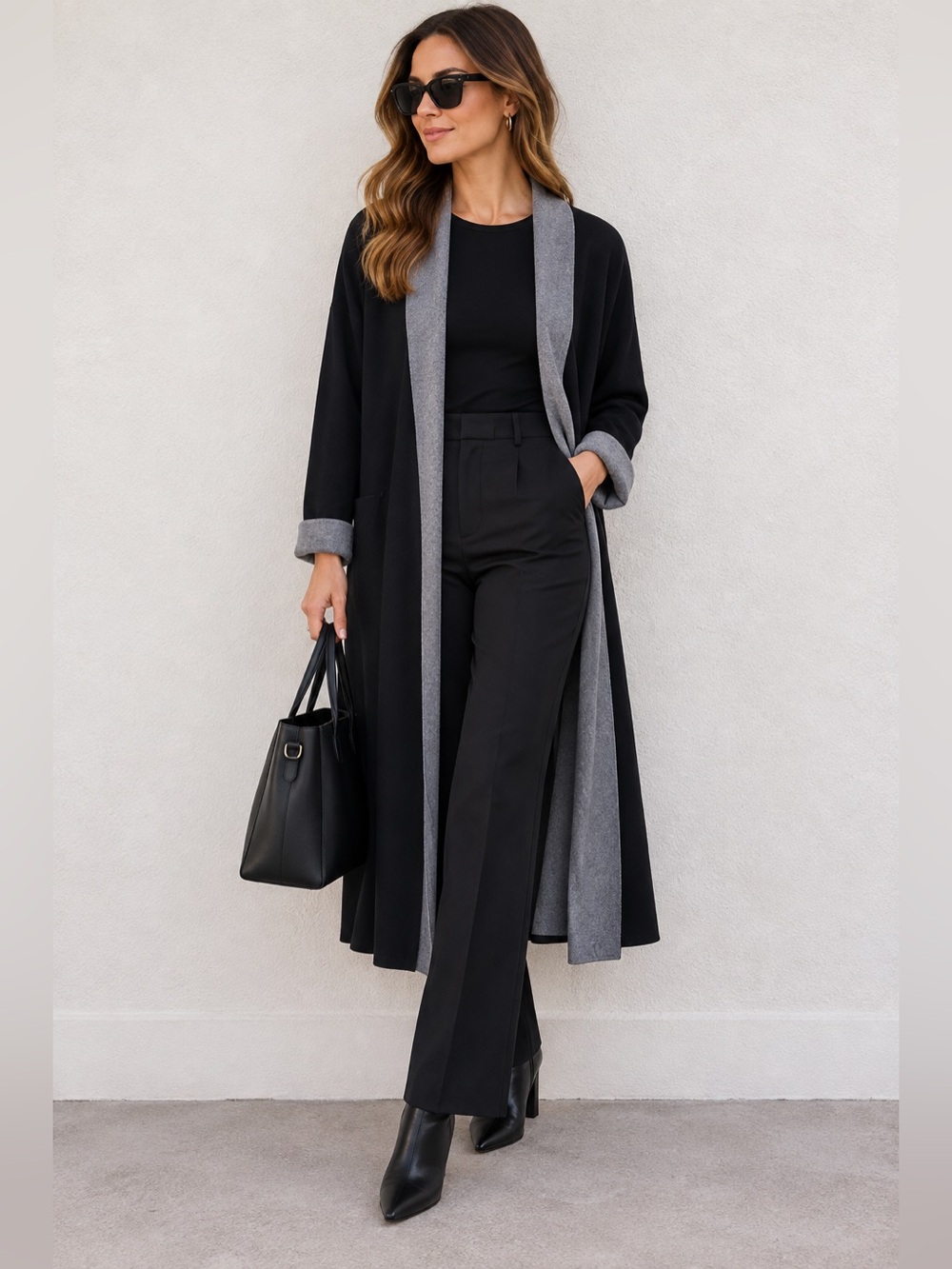 Pure Jill long open-front cardigan/duster black grey size small